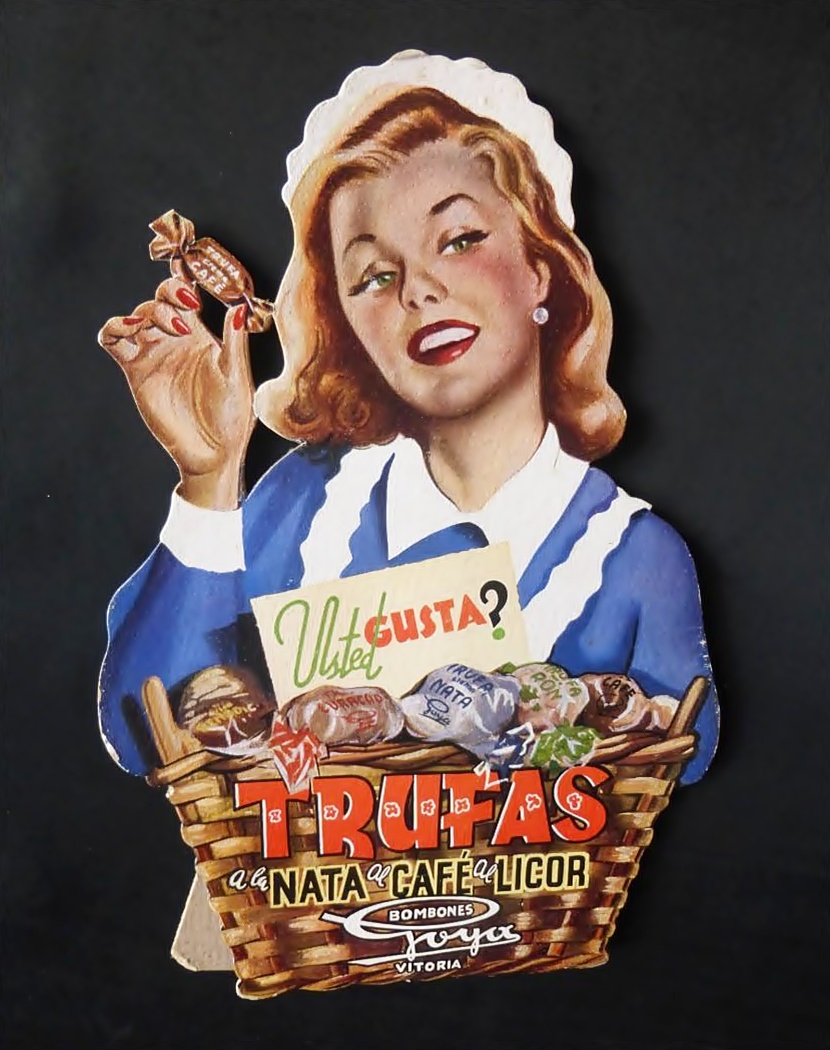 Vintage ad illustration of a smiling woman holding a truffle above a basket of assorted chocolates
