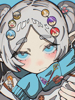 Anime character Frieren with white hair, blue eyes, wearing teal scarf, surrounded by small circular character portraits