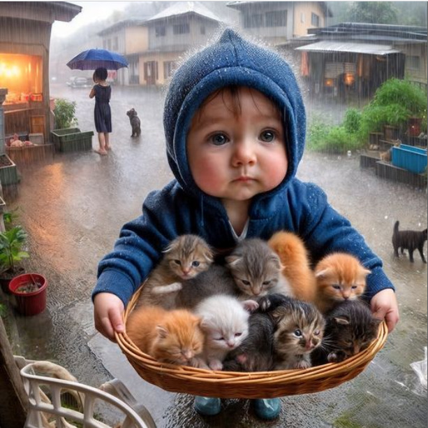 Baby in blue knit hat holding wicker basket filled with kittens in rainy street