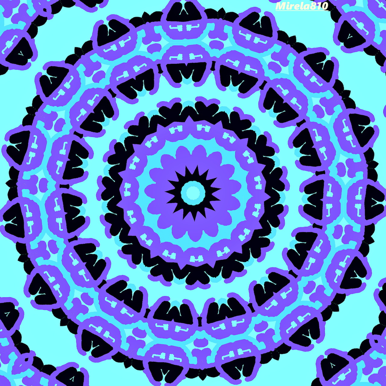 Circular mandala with purple, black, and turquoise symmetrical geometric patterns