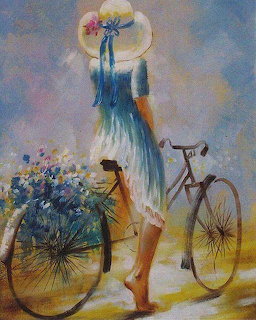 Painting of a young woman in a white dress and hat beside a bicycle with flowers