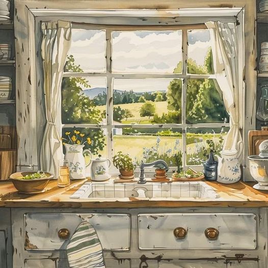 Watercolor painting of a rustic kitchen counter with ceramics and plants beneath a window showing countryside