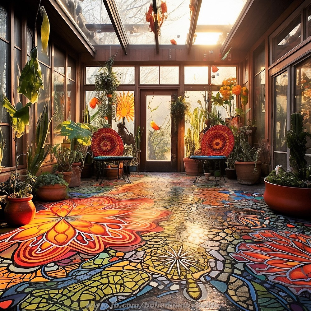 Boho Sunroom with Colorful Floor