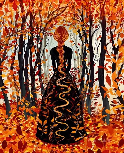 Portrait of a woman among autumn trees with orange leaves