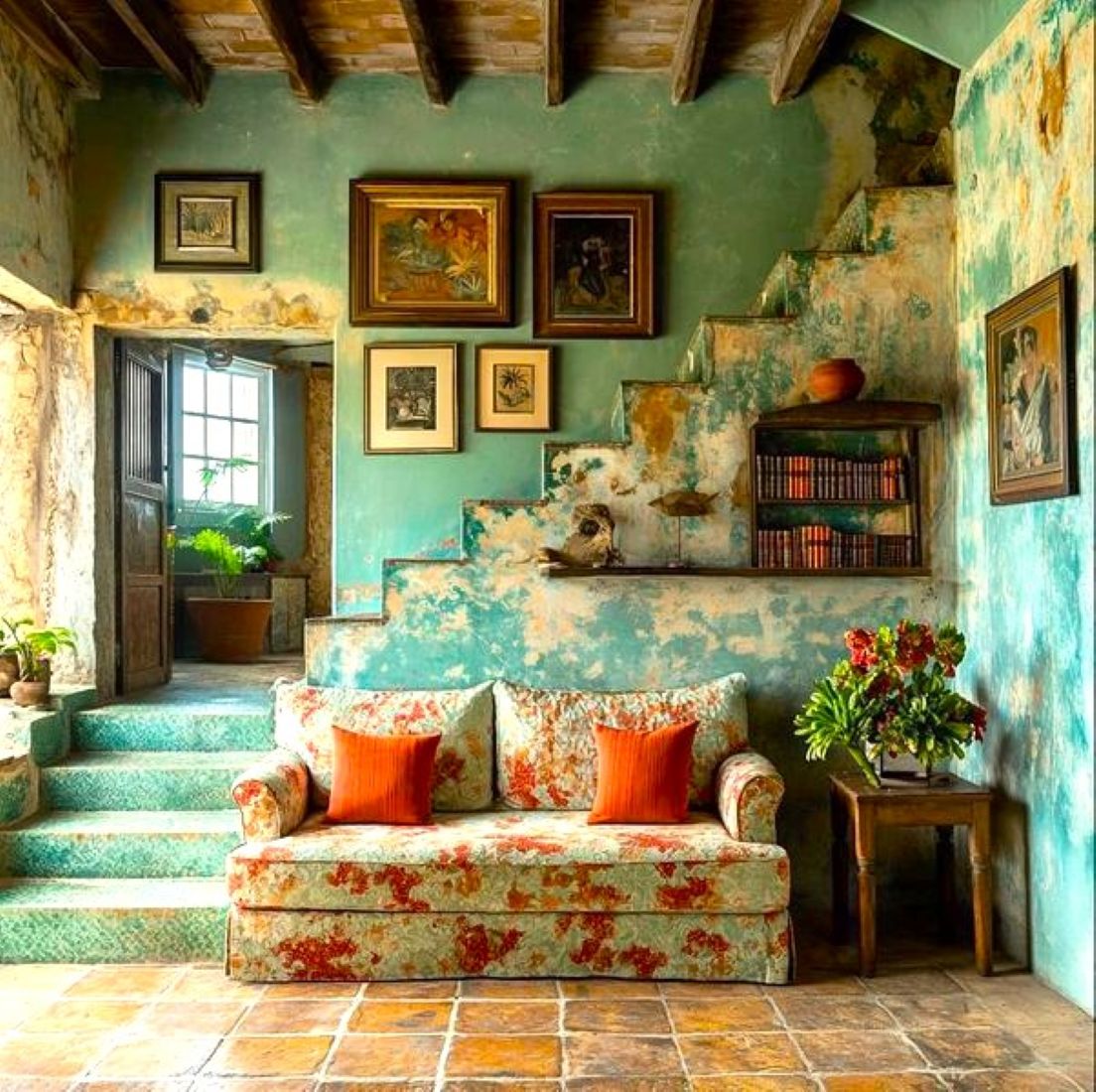 Rustic room with floral sofa, turquoise peeling walls, tiled floor, wooden beams, and steps near a window