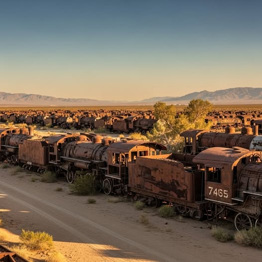 Rusted old train cars lined up in a desert rail yard with mountains in the background