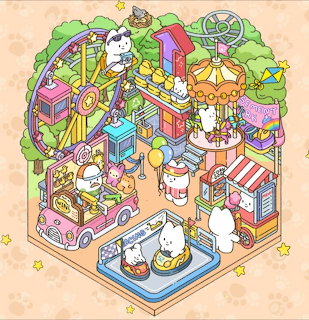 Colorful cartoon amusement park with cute animal characters, Ferris wheel, carousel, and food stalls