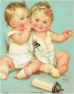Two babies in white outfits, one whispering to the other, vintage illustration style
