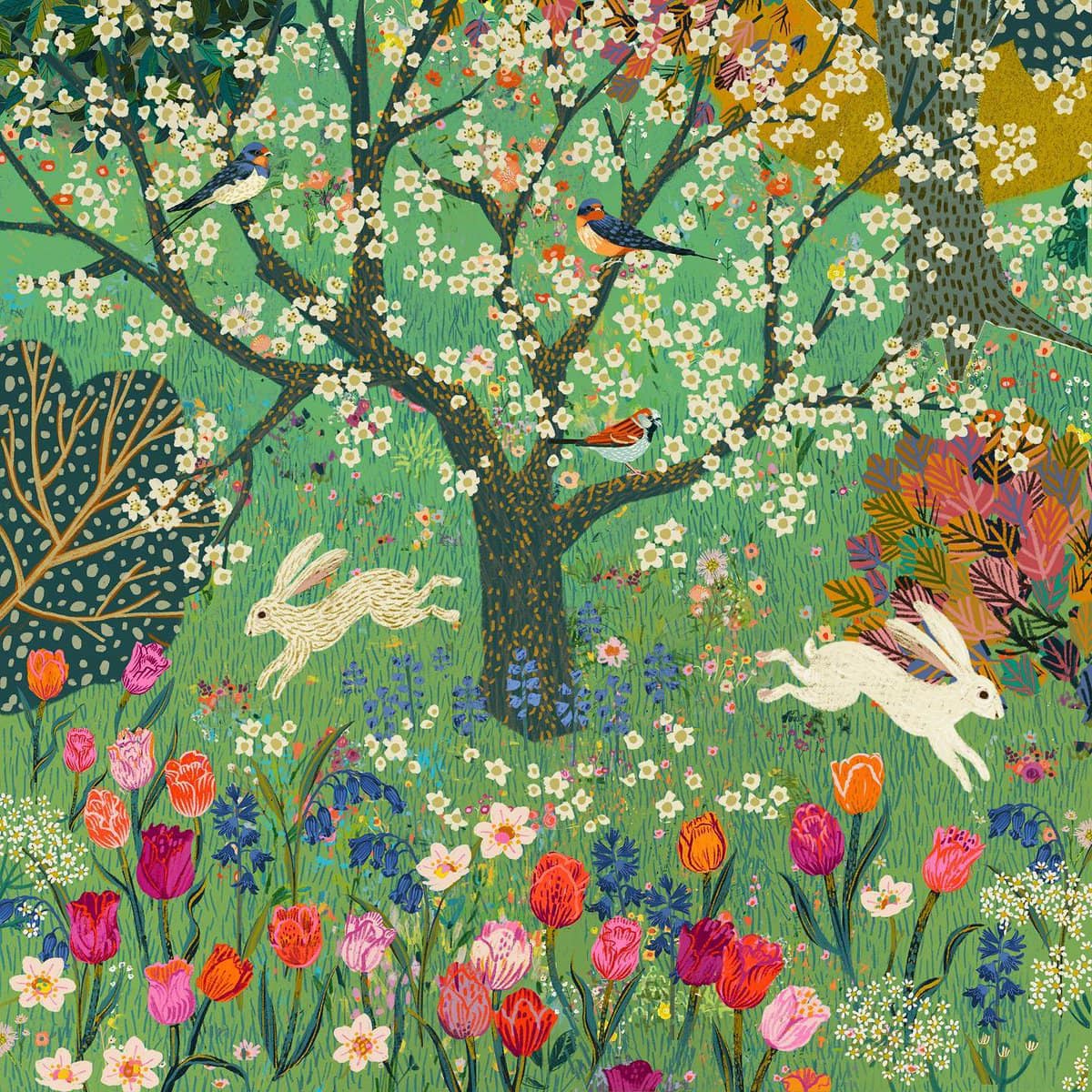 Illustrated spring garden with blooming tree, white rabbits, birds, and colorful flowers on green background