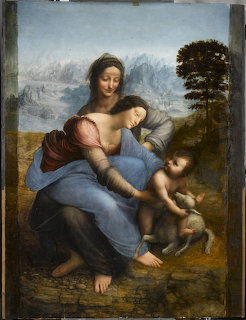 Renaissance painting of Madonna with infant Jesus and lamb in landscape
