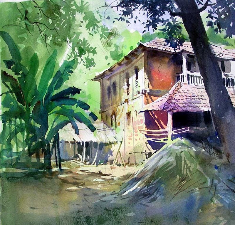 Watercolor of an old house with tropical plants and trees