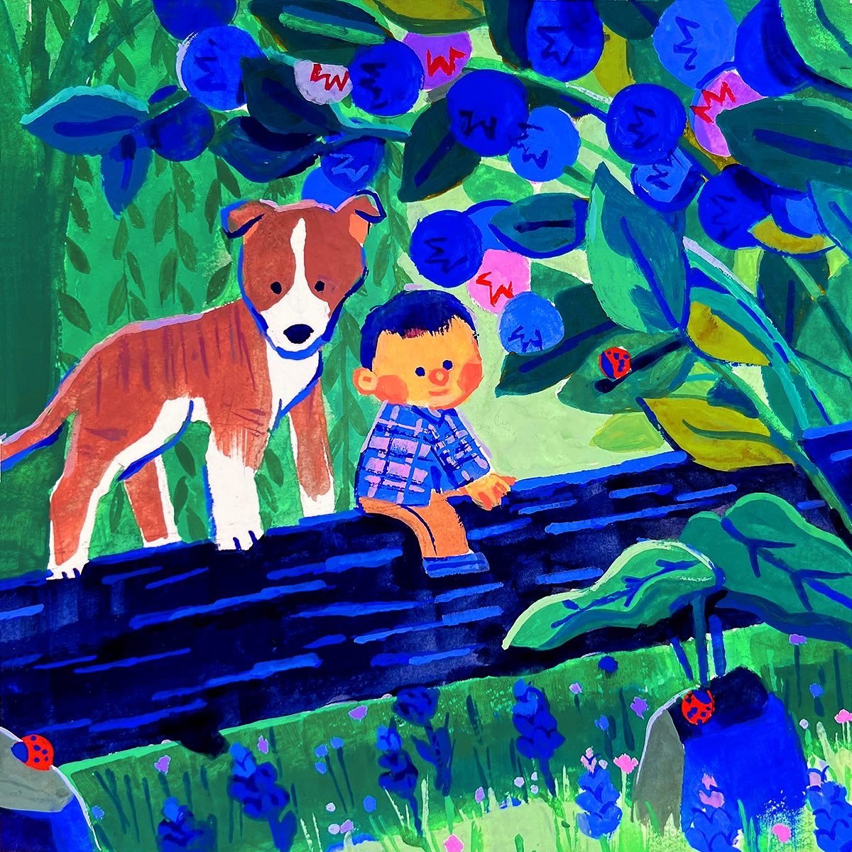 Child's painting of a figure and dog on a blue bridge with flowers and birds in a garden