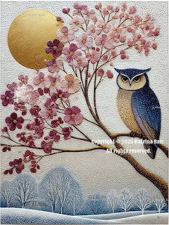 Embossed artwork of a blue owl on a branch with cherry blossoms and a golden moon