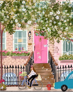 Illustrated pink-doored townhouse with flowering tree, iron fence, woman standing by bicycle