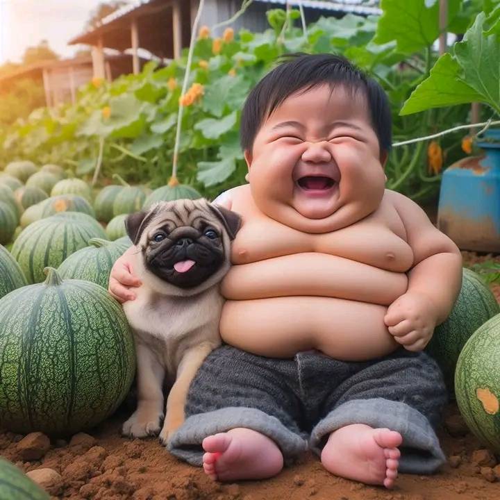 Laughing baby sitting with pug dog among melons in garden