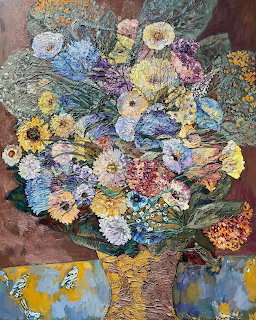 Painting of a colorful flower bouquet in a yellow vase