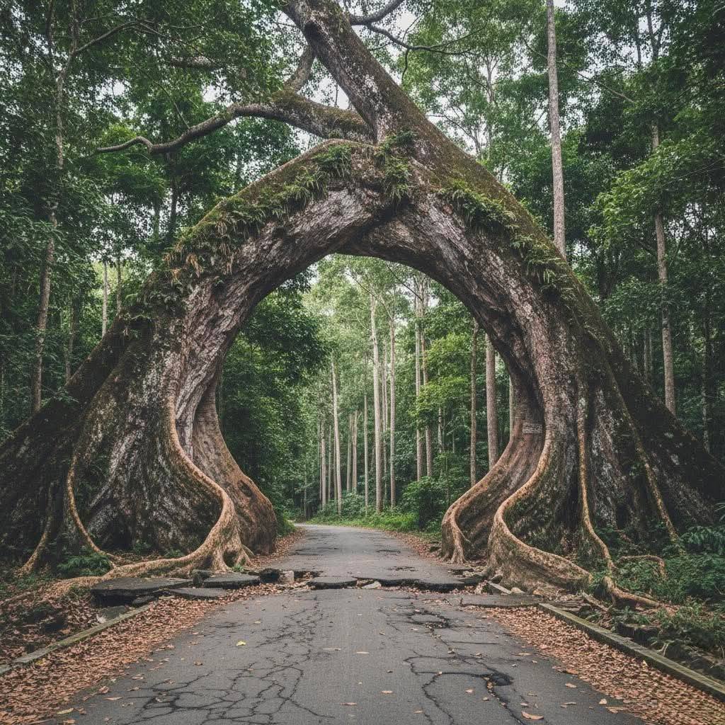 Two intertwined trees arching over a forest path creating a natural gateway