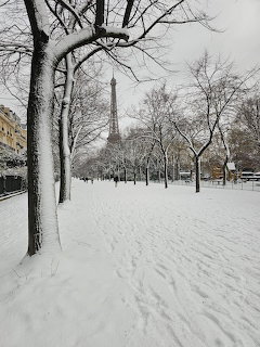 Snowy Paris park with bare trees and Eiffel Tower in background