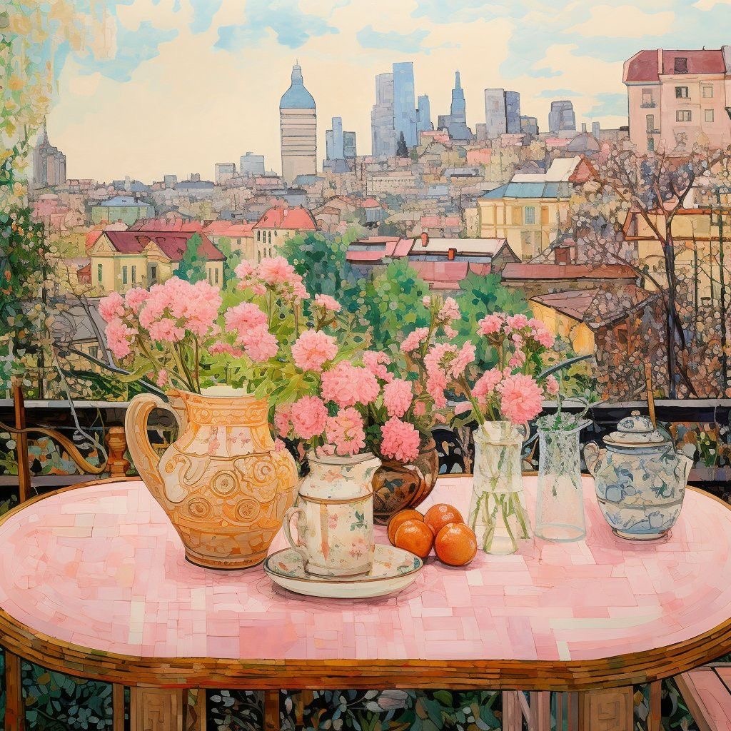 Painting of pink flowers on a round table with vases, pottery, fruit, and a city skyline in the background