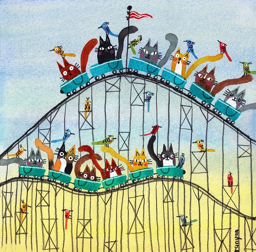 Colorful cartoon cats riding a roller coaster on a pale blue and yellow background