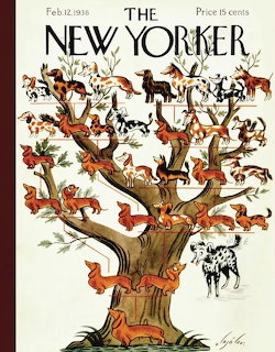 Illustrated tree with people engaging in various activities on branches, vintage New Yorker magazine cover style