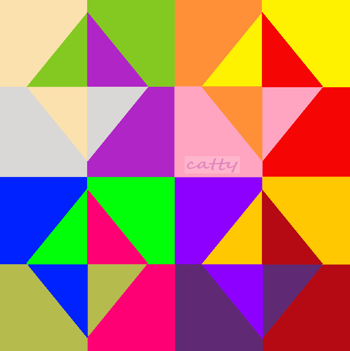 Colorful geometric abstract art with triangles and squares in a symmetrical grid pattern