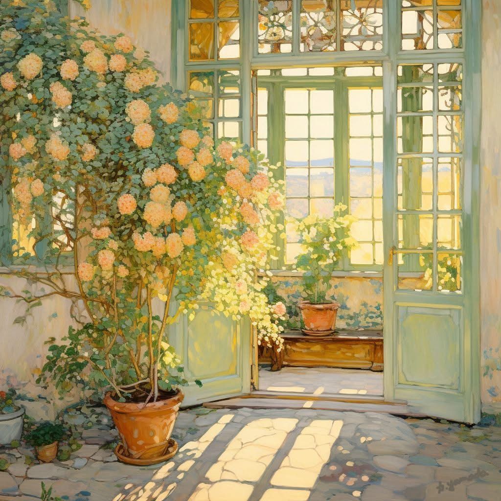 Painting of a sunlit bow window with open doors, potted flowers, and long shadows on a tiled floor