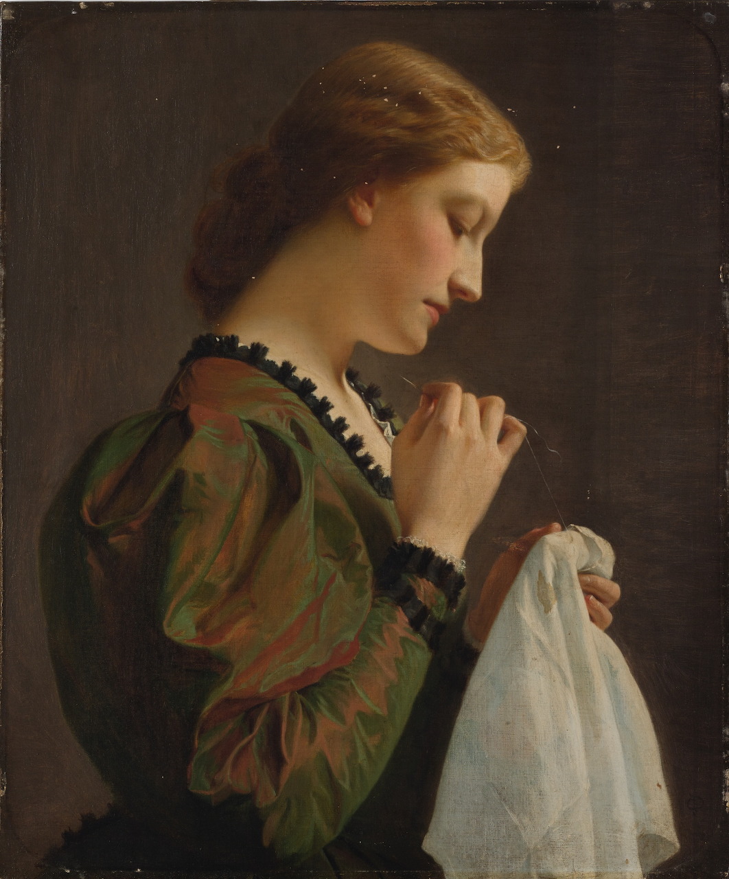 Victorian woman in profile wearing ornate dress and beads, holding white fabric while sewing