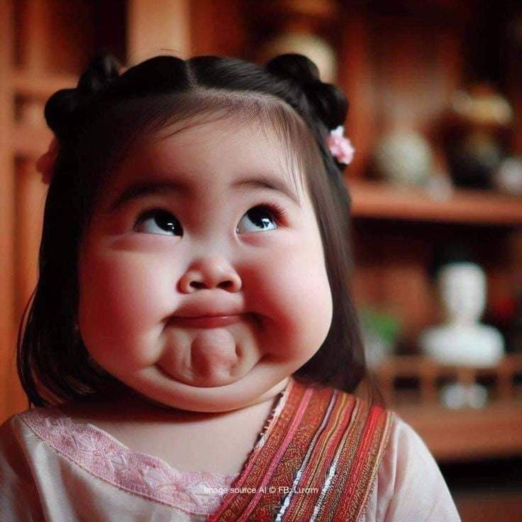 Little girl with chubby cheeks looking upward indoors
