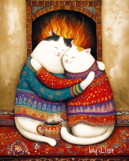 Illustration of two cats hugging in colorful blankets by a fireplace with a coffee cup