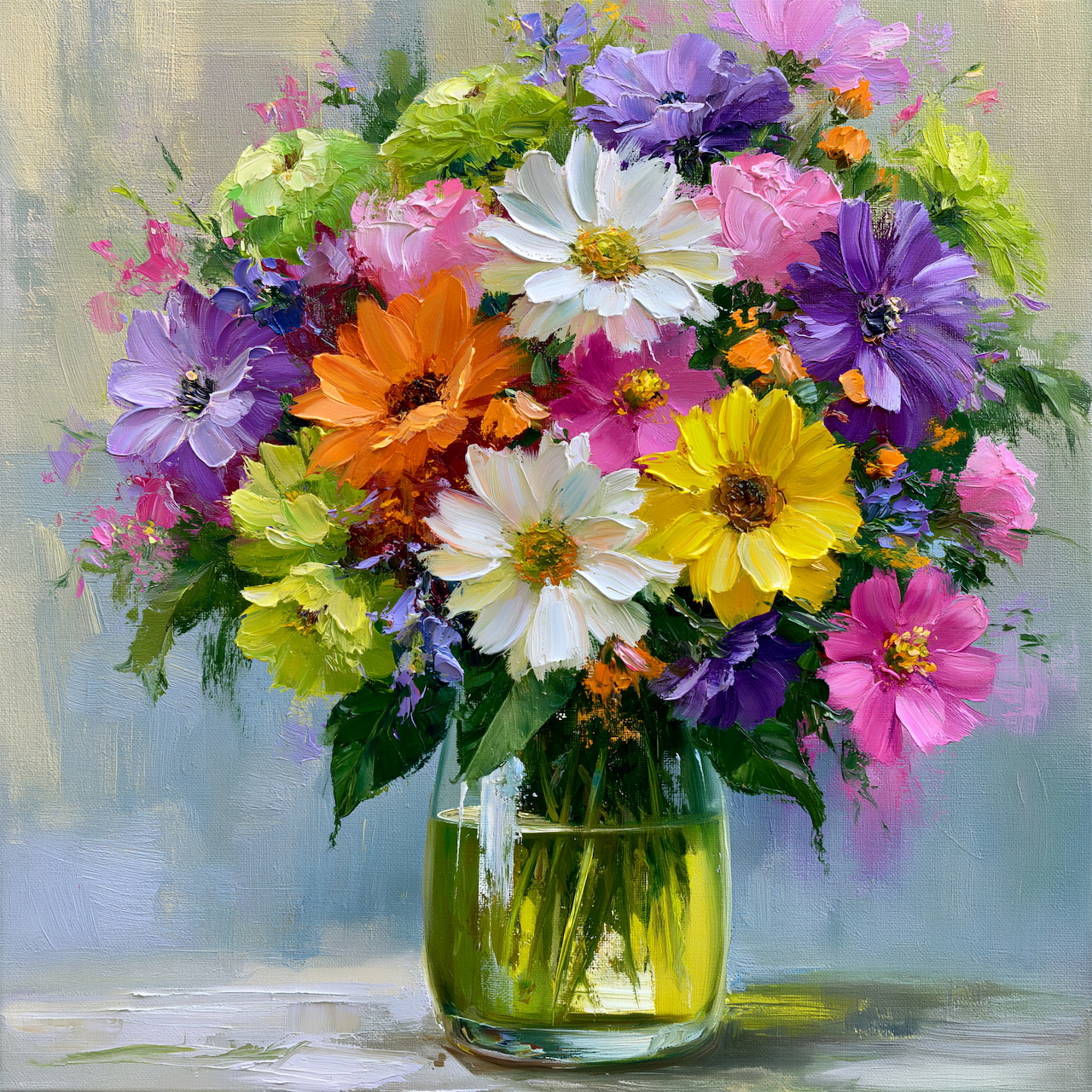 Oil painting of colorful flower bouquet with daisies, cosmos and wildflowers in glass vase