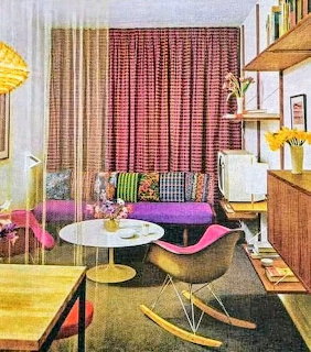 Bright 1960s living room with colorful modern furniture and yellow floor