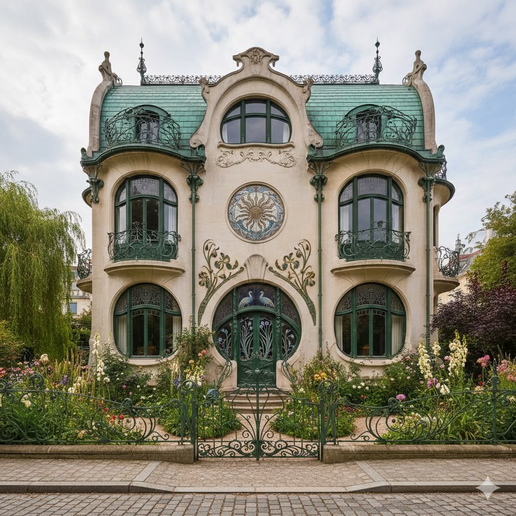 Symmetrical Art Nouveau house with turquoise roof, ornate details, large windows, garden, and statues under blue sky