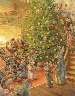 Illustration of woodland animals celebrating Christmas around a decorated tree in a cozy room