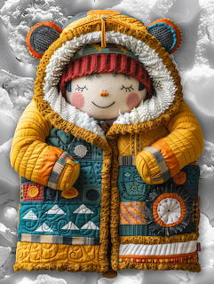 Knitted doll in yellow parka with hood, smiling face, and colorful geometric patterns on clothing