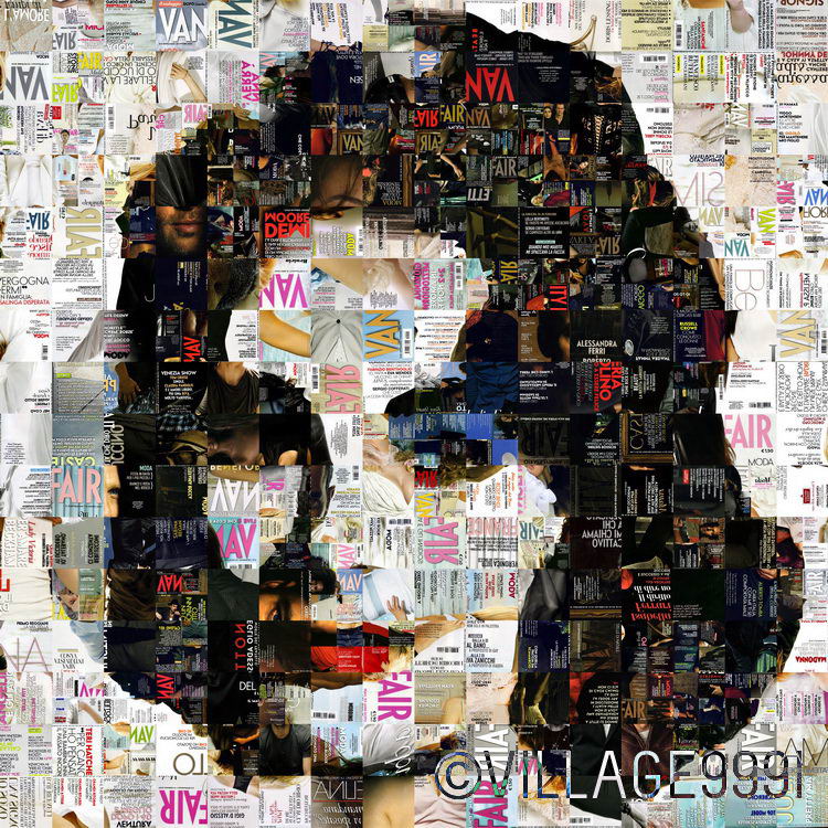 Side-profile face made from layered magazine covers and printed pages