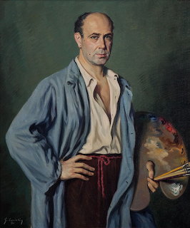 Painted self-portrait of a man in a blue smock holding an artist's palette and brushes against a dark green background