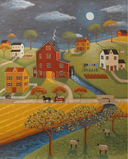 Folk art painting of a red red mill by a river with houses, trees, fields, and a full moon at night.