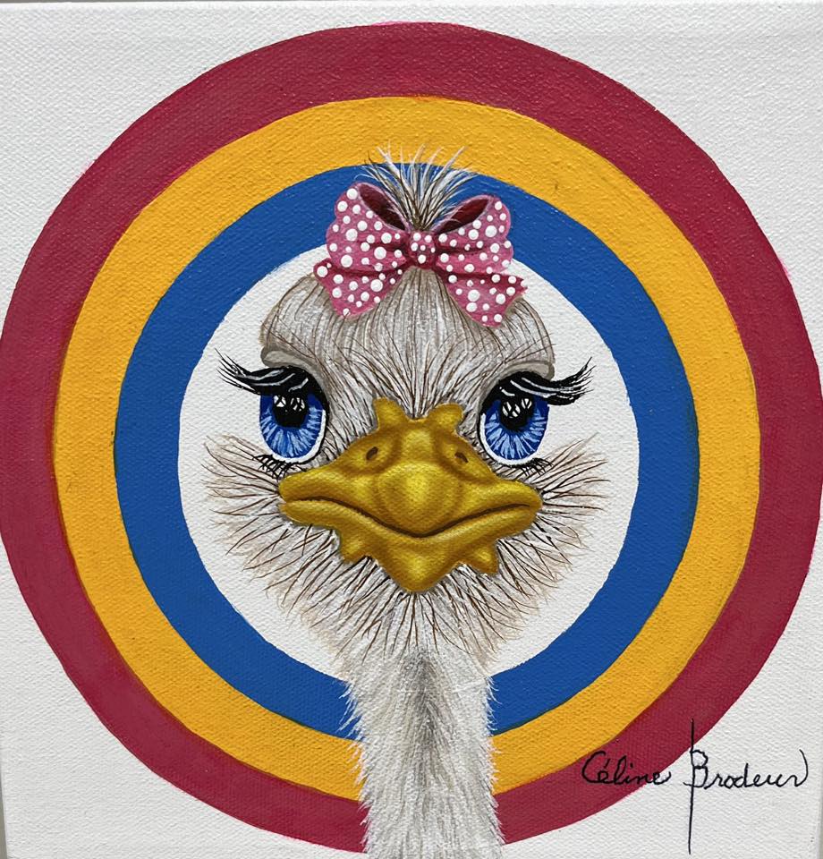 Stylized ostrich wearing red polka dot bow with blue eyes on circular striped background