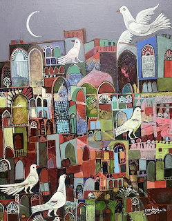 Colorful painting of fantasy village with white doves flying over domed buildings and arches under crescent moon
