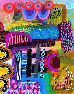Abstract painting with colorful geometric shapes, circles, stripes, dots and textured patterns in vibrant hues