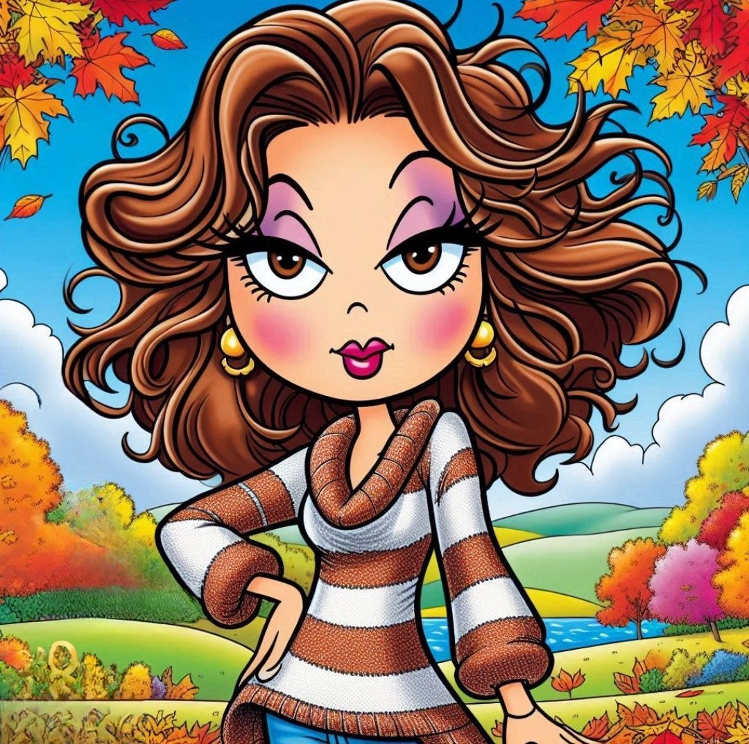 Cartoon girl with brown hair in a striped sweater standing in a colorful autumn landscape