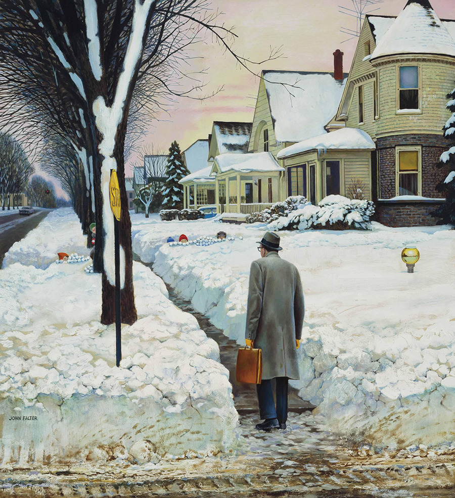 Man with suitcase walking along a snowy suburban street past Victorian houses, winter scene illustration