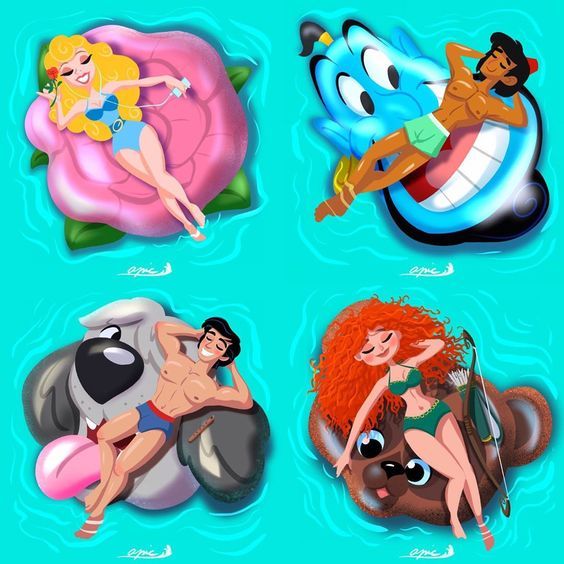 Disney princesses Aurora, Jasmine, Eric, and Merida on inflatable pool floats with animal friends in turquoise water