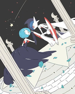 Anime illustration of Gardevoir and Gallade Pokemon characters in a starry scene with white beams