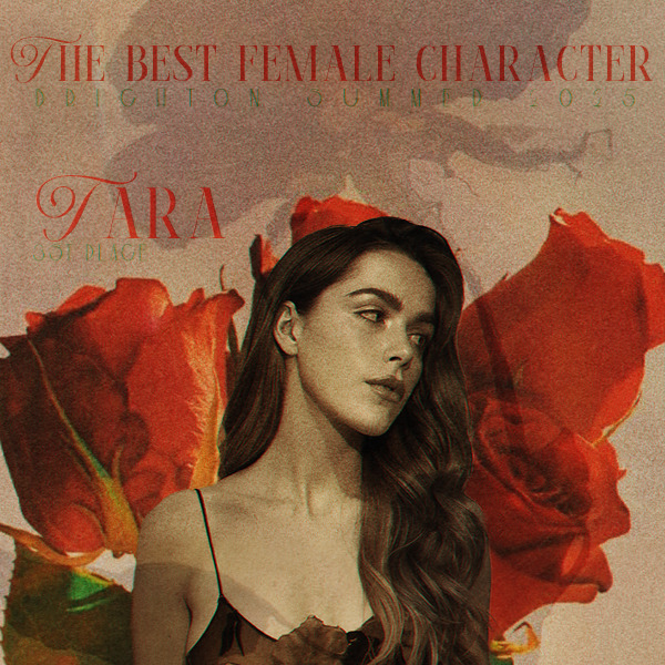 Stylized woman portrait with long dark hair and large red roses behind her