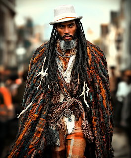 Stylish man with long dreadlocks wearing a textured Afrocentric cape and white hat on an urban street