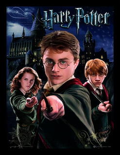 Harry Potter movie poster with three characters holding wands against Hogwarts castle and stormy blue sky