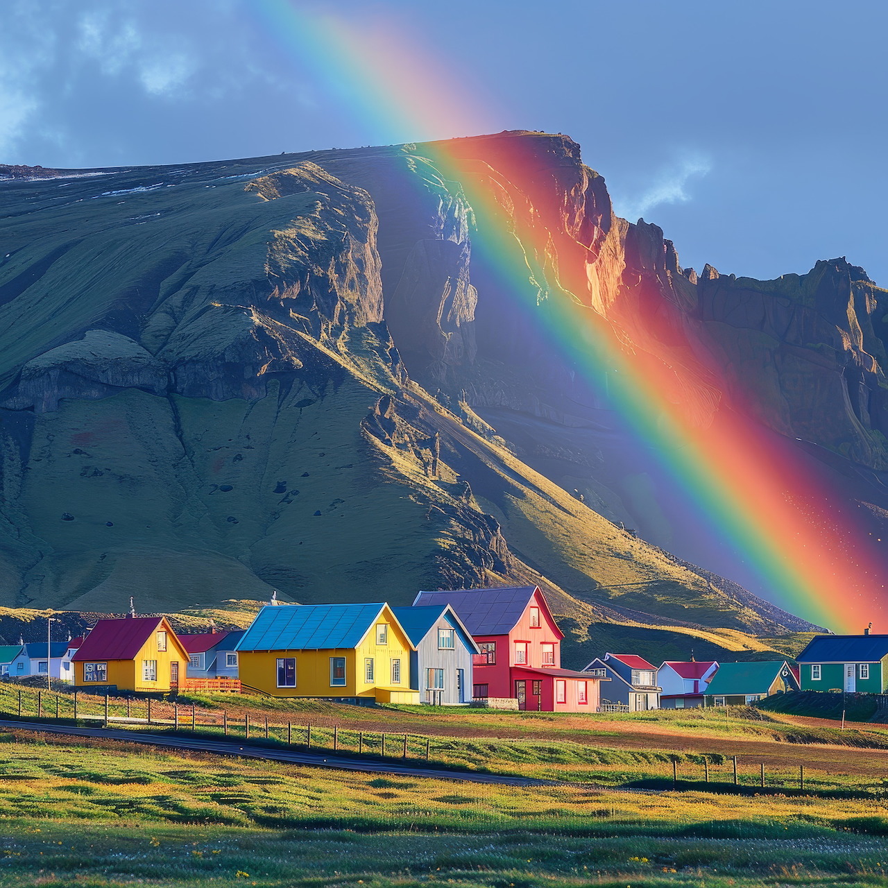 Rainbow Over Colorful Houses and Mountain