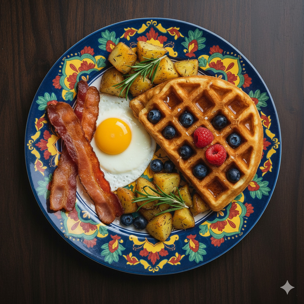 Breakfast plate with waffle, bacon, fried egg, and roasted potatoes on decorative blue floral plate